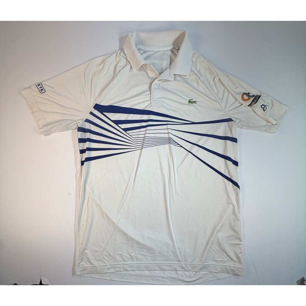 Lacoste Sport Mens Tennis Polo Shirt White Blue Graphic Logo Size XL